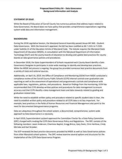Image of front page of data governance proposed policy