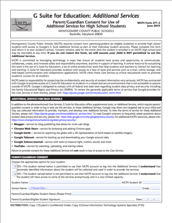 Screenshot of Parental Consent Form for Use of Additional Services