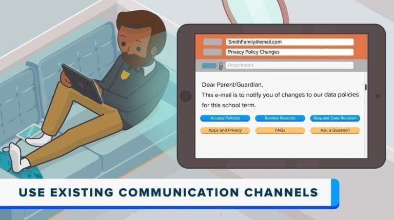 Father sitting on couch receives an email from the school saying "This email is to notify you of changes to our data policies for this school term." The email includes links to "Access Policies," "Review Records," and "Request Data Revision."