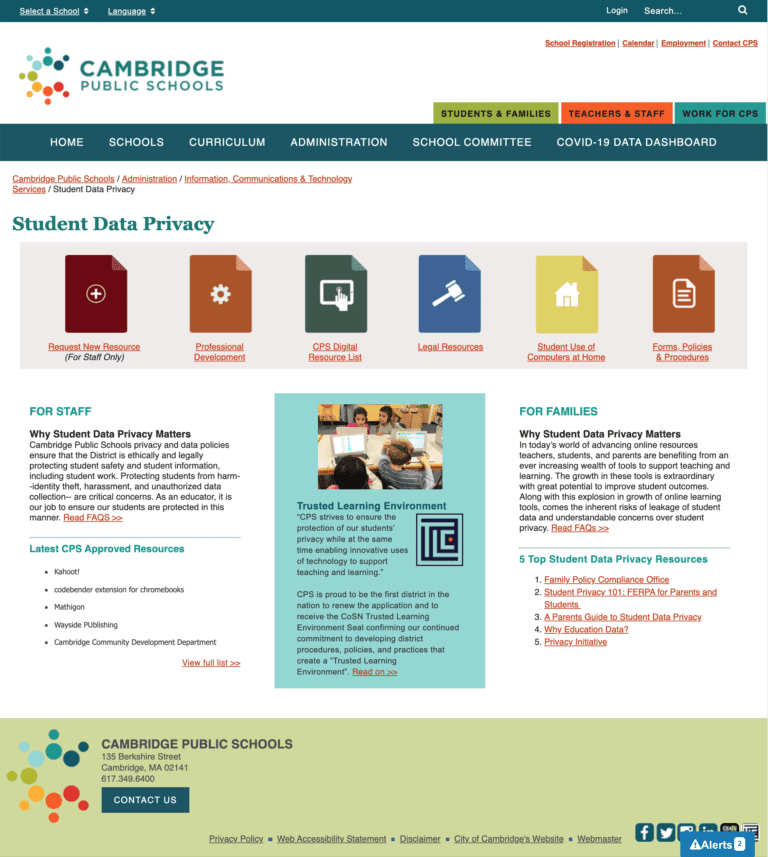 Screenshot of Cambridge Public Schools Student Data Privacy landing page