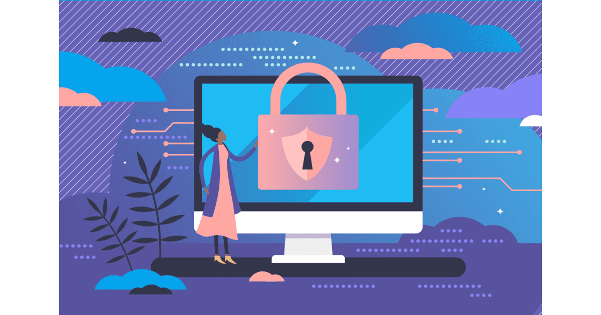 Illustration of a woman standing in front of a computer monitor with a security lock