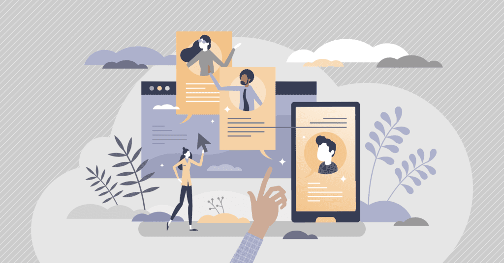 Illustration of four different screens with people and a finger reaching out