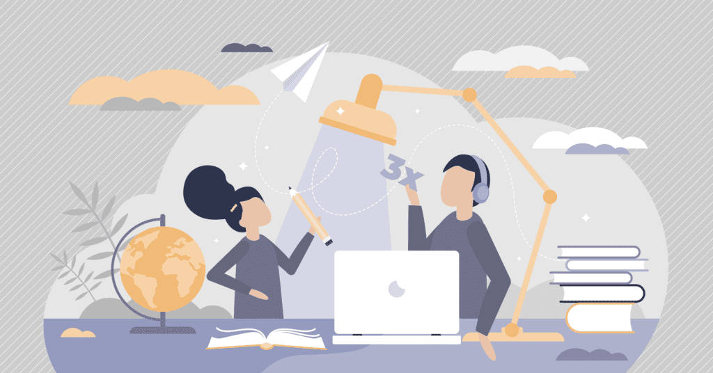 Illustration of two people behind a desk with a globe, computer, and books