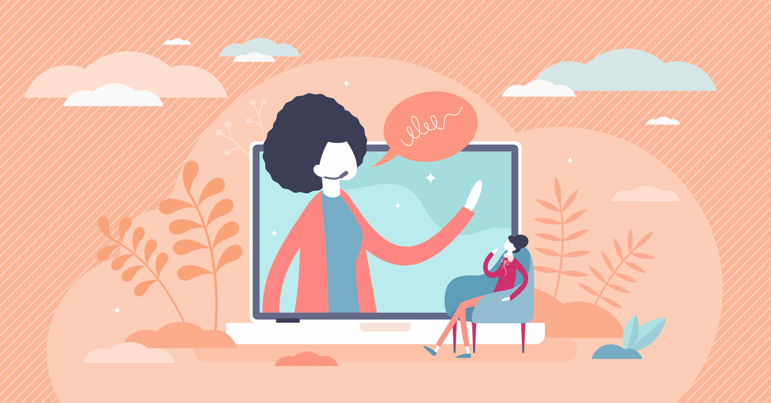 Illustration of a woman speaking on a laptop screen and a woman sitting on a couch listening